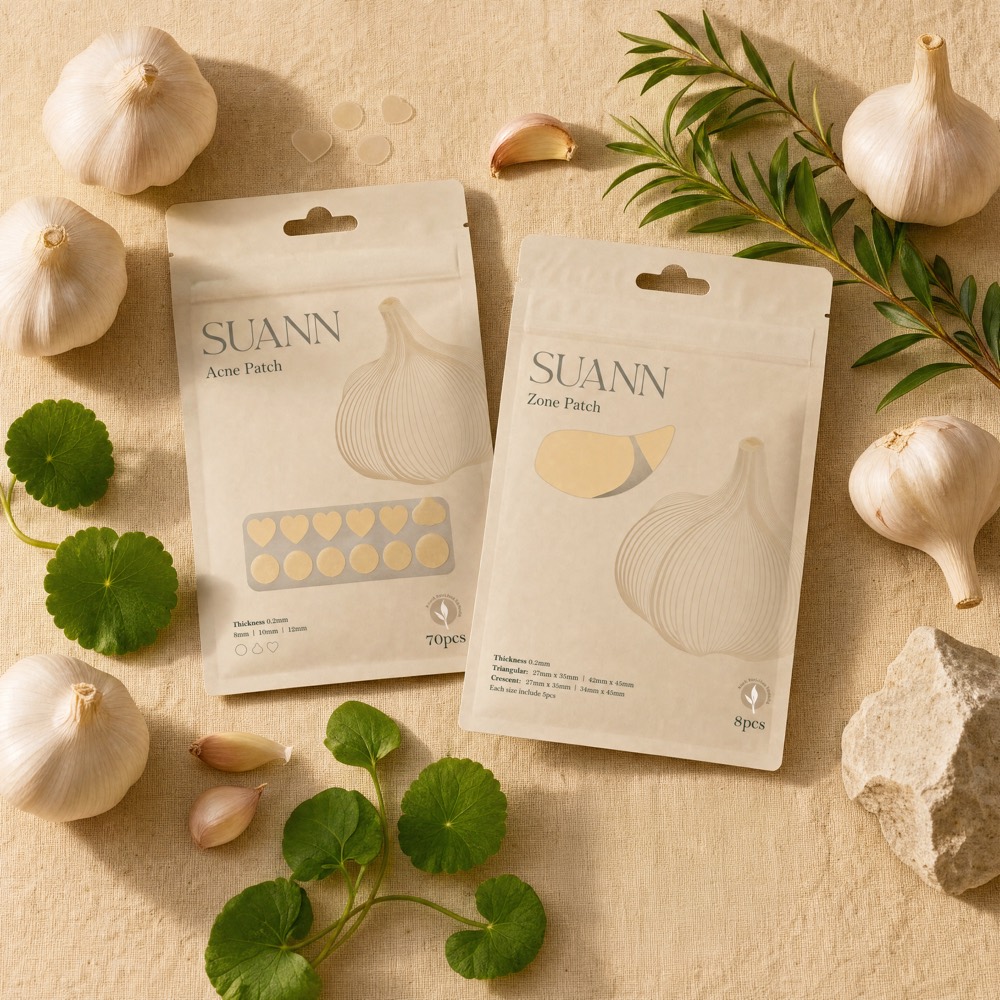 SUANN Acne Patch and Zone Patch pouches with garlic and botanicals